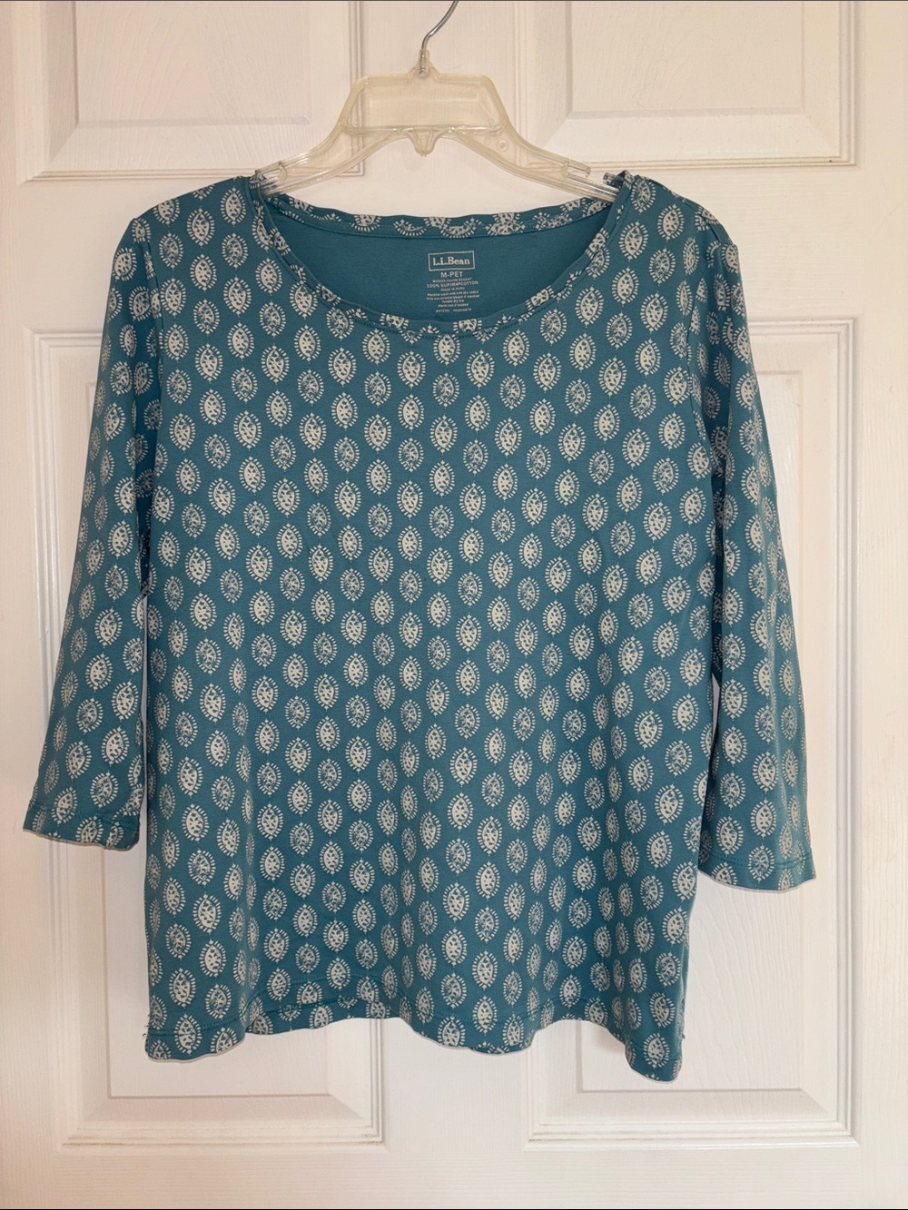 L.L. Bean Teal Three-Quarter Sleeve Printed Scoop Neck Top